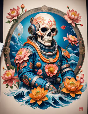 a beautiful rendition of astronaut,insanely detailed and intricate,Ásia traditional ratio,hypermaximalist,matte,cinematic,James  froud,ross tran,,LuxTechAI ,TransformersStyle 
Budha lotus pose barong goodness good  icon  samurai peony  Sakura
Garuda humongous  blue marine orange colours 
 Tattoo Japanese stile koi  skull waves