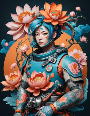 a beautiful rendition of astronaut,insanely detailed and intricate,Ásia traditional ratio,hypermaximalist,matte,cinematic,James  froud,ross tran,,LuxTechAI ,TransformersStyle 
Budha lotus pose barong goodness good  icon  samurai peony  Sakura
Garuda humongous  blue marine orange colours 
 Tattoo Japanese stile koi 