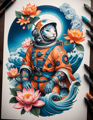 a beautiful rendition of astronaut,insanely detailed and intricate,Ásia traditional ratio,hypermaximalist,matte,cinematic,James  froud,ross tran,,LuxTechAI ,TransformersStyle 
Budha lotus pose barong goodness good  icon  samurai peony  Sakura
Garuda humongous  blue marine orange colours 
 Tattoo Japanese stile koi 