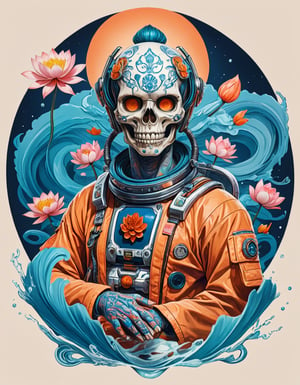 a beautiful rendition of astronaut,insanely detailed and intricate,Ásia traditional ratio,hypermaximalist,matte,cinematic,James  froud,ross tran,,LuxTechAI ,TransformersStyle 
Budha lotus pose barong goodness good  icon  samurai peony  Sakura
Garuda humongous  blue marine orange colours 
 Tattoo Japanese stile koi  skull waves