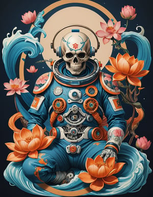 a beautiful rendition of astronaut,insanely detailed and intricate,Ásia traditional ratio,hypermaximalist,matte,cinematic,James  froud,ross tran,,LuxTechAI ,TransformersStyle 
Budha lotus pose barong goodness good  icon  samurai peony  Sakura
Garuda humongous  blue marine orange colours 
 Tattoo Japanese stile koi  skull waves