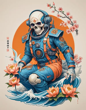 a beautiful rendition of astronaut,insanely detailed and intricate,Ásia traditional ratio,hypermaximalist,matte,cinematic,James  froud,ross tran,,LuxTechAI ,TransformersStyle 
Budha lotus pose barong goodness good  icon  samurai peony  Sakura
Garuda humongous  blue marine orange colours 
 Tattoo Japanese stile koi  skull waves