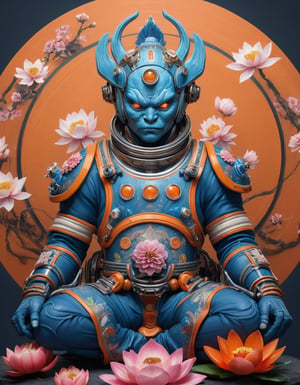 a beautiful rendition of astronaut,insanely detailed and intricate,Ásia traditional ratio,hypermaximalist,matte,cinematic,James  froud,ross tran,,LuxTechAI ,,monster ,TransformersStyle 
Budha lotus pose barong goodness good  icon  samurai peony  Sakura
Garuda humongous  blue marine orange colours