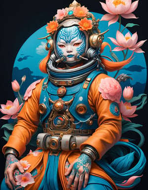 a beautiful rendition of astronaut,insanely detailed and intricate,Ásia traditional ratio,hypermaximalist,matte,cinematic,James  froud,ross tran,,LuxTechAI ,TransformersStyle 
Budha lotus pose barong goodness good  icon  samurai peony  Sakura
Garuda humongous  blue marine orange colours 
 Tattoo Japanese stile koi 