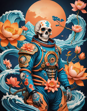 a beautiful rendition of astronaut,insanely detailed and intricate,Ásia traditional ratio,hypermaximalist,matte,cinematic,James  froud,ross tran,,LuxTechAI ,TransformersStyle 
Budha lotus pose barong goodness good  icon  samurai peony  Sakura
Garuda humongous  blue marine orange colours 
 Tattoo Japanese stile koi  skull waves