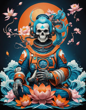 a beautiful rendition of astronaut,insanely detailed and intricate,Ásia traditional ratio,hypermaximalist,matte,cinematic,James  froud,ross tran,,LuxTechAI ,TransformersStyle 
Budha lotus pose barong goodness good  icon  samurai peony  Sakura
Garuda humongous  blue marine orange colours 
 Tattoo Japanese stile koi  skull waves