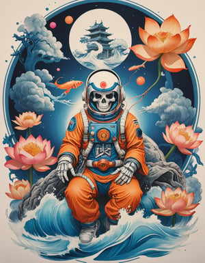 a beautiful rendition of astronaut,insanely detailed and intricate,Ásia traditional ratio,hypermaximalist,matte,cinematic,James  froud,ross tran,,LuxTechAI ,TransformersStyle 
Budha lotus pose barong goodness good  icon  samurai peony  Sakura
Garuda humongous  blue marine orange colours 
 Tattoo Japanese stile koi  skull waves