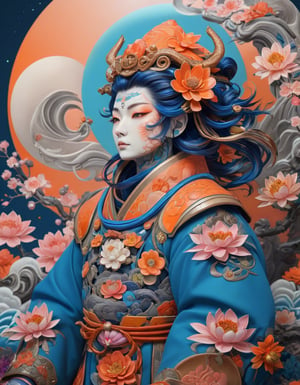 a beautiful rendition of astronaut,insanely detailed and intricate,Ásia traditional ratio,hypermaximalist,matte,cinematic,James  froud,ross tran,,LuxTechAI ,TransformersStyle 
Budha lotus pose barong goodness good  icon  samurai peony  Sakura
Garuda humongous  blue marine orange colours 
 Tattoo Japanese stile koi 