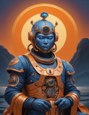 a beautiful rendition of astronaut,insanely detailed and intricate,copper  ratio,hypermaximalist,matte,cinematic,James  froud,ross tran,,LuxTechAI ,,monster ,TransformersStyle 
Budha lotus pose barong goodness good  icon  samurai blue marine orange sun set temple 

