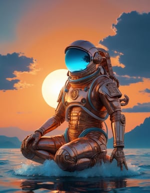 a beautiful rendition of astronaut,insanely detailed and intricate,copper  ratio,hypermaximalist,matte,cinematic,James  froud,ross tran,,LuxTechAI ,,monster ,TransformersStyle 
Budha lotus pose barong goodness good  icon  samurai blue marine orange sun set temple 

