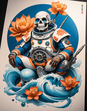 a beautiful rendition of astronaut,insanely detailed and intricate,Ásia traditional ratio,hypermaximalist,matte,cinematic,James  froud,ross tran,,LuxTechAI ,TransformersStyle 
Budha lotus pose barong goodness good  icon  samurai peony  Sakura
Garuda humongous  blue marine orange colours 
 Tattoo Japanese stile koi  skull waves