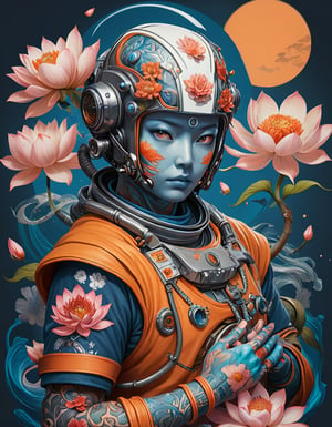 a beautiful rendition of astronaut,insanely detailed and intricate,Ásia traditional ratio,hypermaximalist,matte,cinematic,James  froud,ross tran,,LuxTechAI ,TransformersStyle 
Budha lotus pose barong goodness good  icon  samurai peony  Sakura
Garuda humongous  blue marine orange colours 
 Tattoo Japanese stile koi 