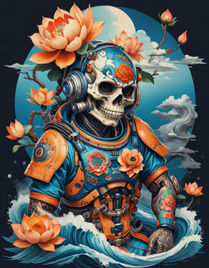 a beautiful rendition of astronaut,insanely detailed and intricate,Ásia traditional ratio,hypermaximalist,matte,cinematic,James  froud,ross tran,,LuxTechAI ,TransformersStyle 
Budha lotus pose barong goodness good  icon  samurai peony  Sakura
Garuda humongous  blue marine orange colours 
 Tattoo Japanese stile koi  skull waves