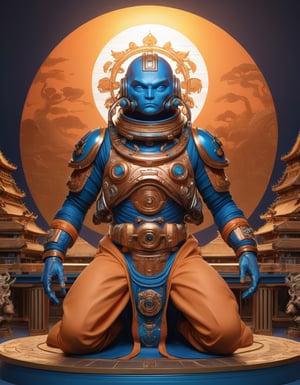 a beautiful rendition of astronaut,insanely detailed and intricate,copper  ratio,hypermaximalist,matte,cinematic,James  froud,ross tran,,LuxTechAI ,,monster ,TransformersStyle 
Budha lotus pose barong goodness good  icon  samurai blue marine orange sun set temple 

