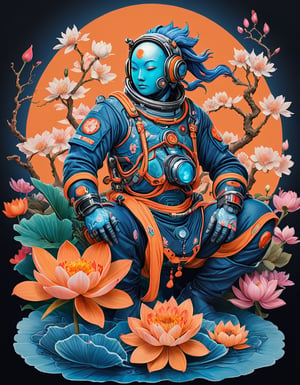 a beautiful rendition of astronaut,insanely detailed and intricate,Ásia traditional ratio,hypermaximalist,matte,cinematic,James  froud,ross tran,,LuxTechAI ,TransformersStyle 
Budha lotus pose barong goodness good  icon  samurai peony  Sakura
Garuda humongous  blue marine orange colours 
 Tattoo Japanese stile koi 