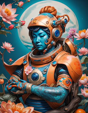 a beautiful rendition of astronaut,insanely detailed and intricate,Ásia traditional ratio,hypermaximalist,matte,cinematic,James  froud,ross tran,,LuxTechAI ,TransformersStyle 
Budha lotus pose barong goodness good  icon  samurai peony  Sakura
Garuda humongous  blue marine orange colours 
 Tattoo Japanese stile koi 