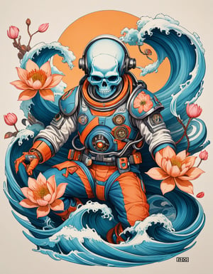 a beautiful rendition of astronaut,insanely detailed and intricate,Ásia traditional ratio,hypermaximalist,matte,cinematic,James  froud,ross tran,,LuxTechAI ,TransformersStyle 
Budha lotus pose barong goodness good  icon  samurai peony  Sakura
Garuda humongous  blue marine orange colours 
 Tattoo Japanese stile koi  skull waves