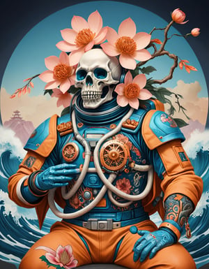 a beautiful rendition of astronaut,insanely detailed and intricate,Ásia traditional ratio,hypermaximalist,matte,cinematic,James  froud,ross tran,,LuxTechAI ,TransformersStyle 
Budha lotus pose barong goodness good  icon  samurai peony  Sakura
Garuda humongous  blue marine orange colours 
 Tattoo Japanese stile koi  skull waves