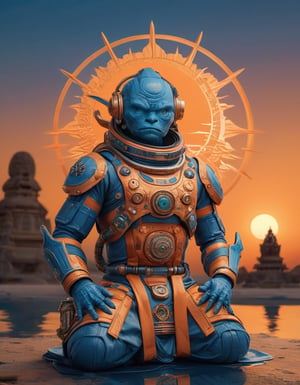 a beautiful rendition of astronaut,insanely detailed and intricate,copper  ratio,hypermaximalist,matte,cinematic,James  froud,ross tran,,LuxTechAI ,,monster ,TransformersStyle 
Budha lotus pose barong goodness good  icon  samurai blue marine orange sun set temple 

