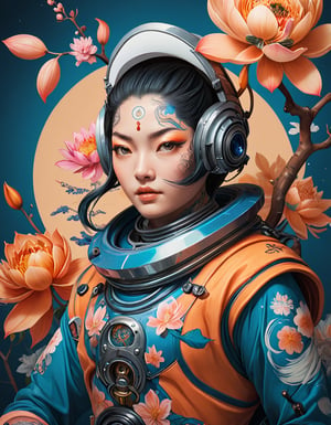 a beautiful rendition of astronaut,insanely detailed and intricate,Ásia traditional ratio,hypermaximalist,matte,cinematic,James  froud,ross tran,,LuxTechAI ,TransformersStyle 
Budha lotus pose barong goodness good  icon  samurai peony  Sakura
Garuda humongous  blue marine orange colours 
 Tattoo Japanese stile koi 