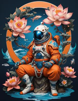 a beautiful rendition of astronaut,insanely detailed and intricate,Ásia traditional ratio,hypermaximalist,matte,cinematic,James  froud,ross tran,,LuxTechAI ,TransformersStyle 
Budha lotus pose barong goodness good  icon  samurai peony  Sakura
Garuda humongous  blue marine orange colours 
 Tattoo Japanese stile koi 