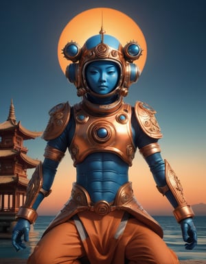 a beautiful rendition of astronaut,insanely detailed and intricate,copper  ratio,hypermaximalist,matte,cinematic,James  froud,ross tran,,LuxTechAI ,,monster ,TransformersStyle 
Budha lotus pose barong goodness good  icon  samurai blue marine orange sun set temple 

