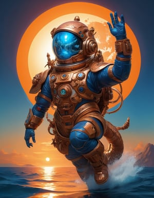 a beautiful rendition of astronaut,insanely detailed and intricate,copper  ratio,hypermaximalist,matte,cinematic,James  froud,ross tran,,LuxTechAI ,,monster ,TransformersStyle 
Budha lotus pose barong goodness good  icon  samurai blue marine orange sun set temple 

