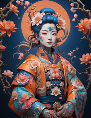 a beautiful rendition of astronaut,insanely detailed and intricate,Ásia traditional ratio,hypermaximalist,matte,cinematic,James  froud,ross tran,,LuxTechAI ,TransformersStyle 
Budha lotus pose barong goodness good  icon  samurai peony  Sakura
Garuda humongous  blue marine orange colours 
 Tattoo Japanese stile koi 