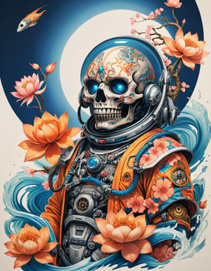 a beautiful rendition of astronaut,insanely detailed and intricate,Ásia traditional ratio,hypermaximalist,matte,cinematic,James  froud,ross tran,,LuxTechAI ,TransformersStyle 
Budha lotus pose barong goodness good  icon  samurai peony  Sakura
Garuda humongous  blue marine orange colours 
 Tattoo Japanese stile koi  skull waves