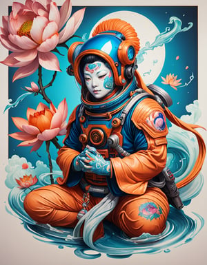 a beautiful rendition of astronaut,insanely detailed and intricate,Ásia traditional ratio,hypermaximalist,matte,cinematic,James  froud,ross tran,,LuxTechAI ,TransformersStyle 
Budha lotus pose barong goodness good  icon  samurai peony  Sakura
Garuda humongous  blue marine orange colours 
 Tattoo Japanese stile koi 