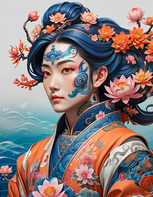 a beautiful rendition of astronaut,insanely detailed and intricate,Ásia traditional ratio,hypermaximalist,matte,cinematic,James  froud,ross tran,,LuxTechAI ,TransformersStyle 
Budha lotus pose barong goodness good  icon  samurai peony  Sakura
Garuda humongous  blue marine orange colours 
 Tattoo Japanese stile koi 