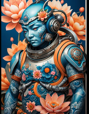 a beautiful rendition of astronaut,insanely detailed and intricate,Ásia traditional ratio,hypermaximalist,matte,cinematic,James  froud,ross tran,,LuxTechAI ,TransformersStyle 
Budha lotus pose barong goodness good  icon  samurai peony  Sakura
Garuda humongous  blue marine orange colours 
 Tattoo Japanese stile koi 