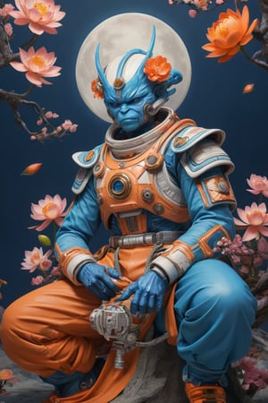 a beautiful rendition of astronaut,insanely detailed and intricate,Ásia traditional ratio,hypermaximalist,matte,cinematic,James  froud,ross tran,,LuxTechAI ,,monster ,TransformersStyle 
Budha lotus pose barong goodness good  icon  samurai peony  Sakura
Garuda humongous  blue marine orange colours