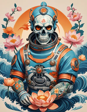 a beautiful rendition of astronaut,insanely detailed and intricate,Ásia traditional ratio,hypermaximalist,matte,cinematic,James  froud,ross tran,,LuxTechAI ,TransformersStyle 
Budha lotus pose barong goodness good  icon  samurai peony  Sakura
Garuda humongous  blue marine orange colours 
 Tattoo Japanese stile koi  skull waves