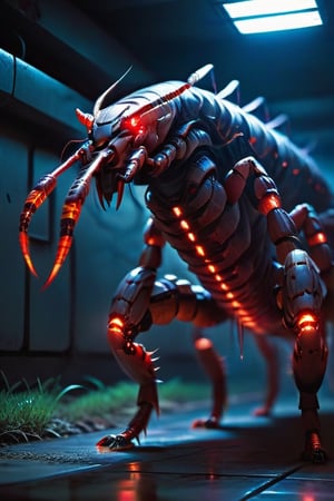 large red armored traditional cybernetic centipede with glowing orange eyes, traditional centipede inspired, a different dimension dessert which is blue in color, chasing a teenaged boy about 16 years old in white pajamas, HD Resolution, Hyper Detail, with dramatic lighting, 