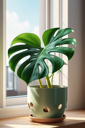 A potted Monstera deliciosa plant with large natural green leaves featuring iconic split leaf holes on a sunny windowsill, natural morning light streaming in, realistic 3D render, depth of field, fresh and vibrant colors