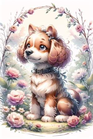 A stuffed toy poodle dog with fluffy curly, wearing a on its head, sitting in the middle of a field of like peonies and roses,, whimsical cute scene, panoramic wide angle view