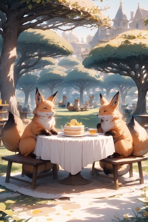 A fat tabby cat sitting at a small table in a lemon grove, plates of cake and teacups in front of it, (4 foxes:2) sitting around the table drinking tea, idyllic afternoon scene, dappled sunlight filtering through lemon tree branches, whimsical and dreamy atmosphere, soft natural colors