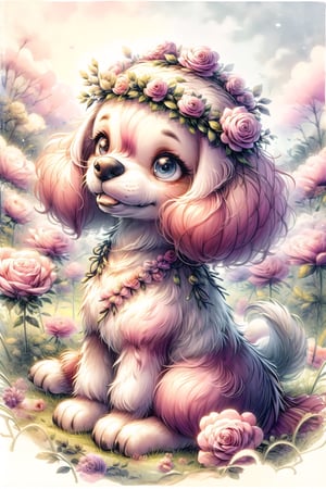 A stuffed toy poodle dog with fluffy curly (white fur:1.2), wearing a (rose flower crown:1.4) on its head, sitting in the middle of a field of (pink flowers:1.5) like peonies and roses, (vibrant colors:1.3), whimsical cute scene, panoramic wide angle view