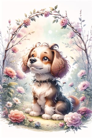 A stuffed toy poodle dog with fluffy curly, wearing a on its head, sitting in the middle of a field of like peonies and roses,, whimsical cute scene, panoramic wide angle view
