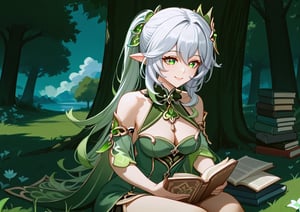 1girl, solo, (Genshin Impact) Nahida, mature female, tall woman, white hair, green eyes, smiling, white and green dress, sitting, sitting on grass, holding book , reading book, sitting behind trees, outdoor, tree's, blue skies, 