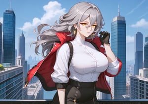 1girl, solo, stelle \(honkai: star rail\), mature female, tall woman, grey hair, hair between eyes, yellow eyes, black open jacket, white shirt, black gloves, gloves, black skirt, skirt,  outdoors, city, day, 