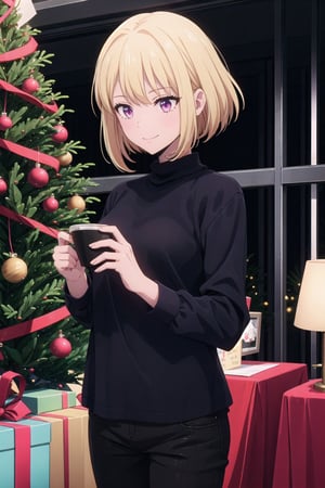 1 girl, Christmas, festival, Christmas tree, standing, perfect hands , perfect fingers,black shirt, and black pant cha har in,cha_hae_in_sololeveling,anime_style, smile