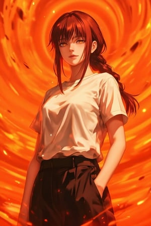 Create an anime-style image of Makima, a woman with sharp yet calm facial features, standing confidently. She is dressed in casual wear—a simple white T-shirt and black pants, giving her a relaxed look. Her hair is styled in a loose and natural way. The background is a vibrant orange, providing a bold contrast to her calm demeanor. Surrounding her are faint red glowing waves, gently swirling around her, adding an air of subtle mystery and power. The image should have good detailing, with smooth shading and sharp outlines typical ,best art,8k resolution with highest quality,Frozen,mkm4,flux_makima, braided ponytail 