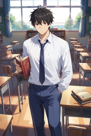 1 mature boy, standing, classroom,desks, classroom books,books,books on table, school uniform, white shirt,blue pant, neck tie, school shoes, tie,wang ling,black hair,red eyes,ahoge,messy hair,solo