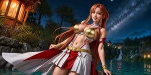 Alone girl standing on waterfall and lake at night, ((looking at viewer)), and clear night sky,underboob top, massive Breasts, gigantic Big Breasts,gold revealing dress,((underboob)), long hair, huge big breasts,underboob, seductive smile, Asuna Sword art online,aaasuna, brown eyes, red skirt, arms behind