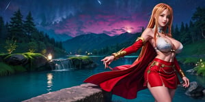 Alone girl standing on waterfall and lake at night, ((looking at viewer)), and clear night sky,underboob top, massive Breasts, gigantic Big Breasts,gold underboob revealing dress,((underboob)), long hair, huge big breasts,underbreasts, seductive smile, Asuna Sword art online,aaasuna, brown eyes, red skirt