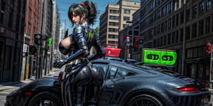 (masterpiece), best quality, expressive eyes, perfect face, 1girl solo In a street, police futiristic car in background (porshe), standing, (huge 1.8 butt), center clotches opening, big breasts, (huge breasts:1.6), beautiful girl, petite, thick, thick body, large big gigantic breasts, ((From Behind)),((Looking at viewer)), from behind, ass focus,red streaked black hair, orange eyes, blue police jacket, shoulder armor, leg pads, green checkered tie, body armor, (ZZZhuYuan), high ponytail, streaked hair