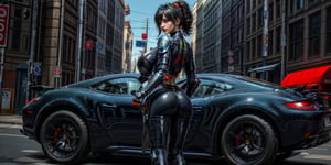 (masterpiece), best quality, expressive eyes, perfect face, 1girl solo In a street, police futiristic car in background (porshe), standing, (huge 1.8 butt), center clotches opening, big breasts, (huge breasts:1.6), beautiful girl, petite, thick, thick body, large big gigantic breasts, ((From Behind)),((Looking at viewer)), from behind, ass focus,red streaked black hair, orange eyes, blue police jacket, shoulder armor, leg pads, green checkered tie, body armor, (ZZZhuYuan), high ponytail, streaked hair