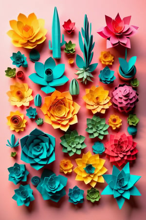 A Collage of 3d paper origami art of succulents, pop art inspiration, nature elements, summer color tones, in the style of arr & emotions, vibrant colors
